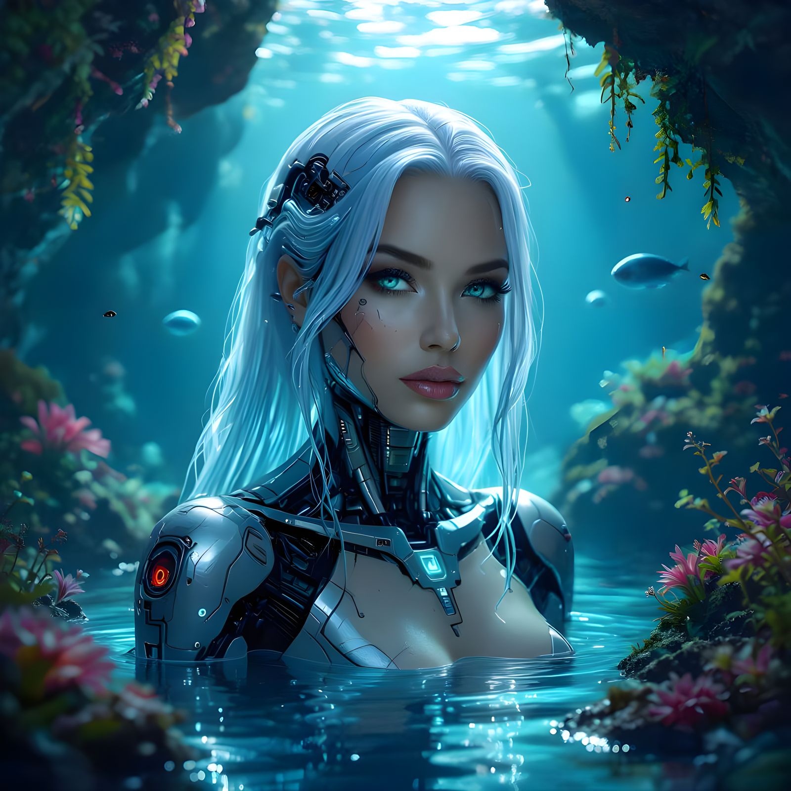 Cyborg Woman with Mercury Hair in Bioluminescent Grotto