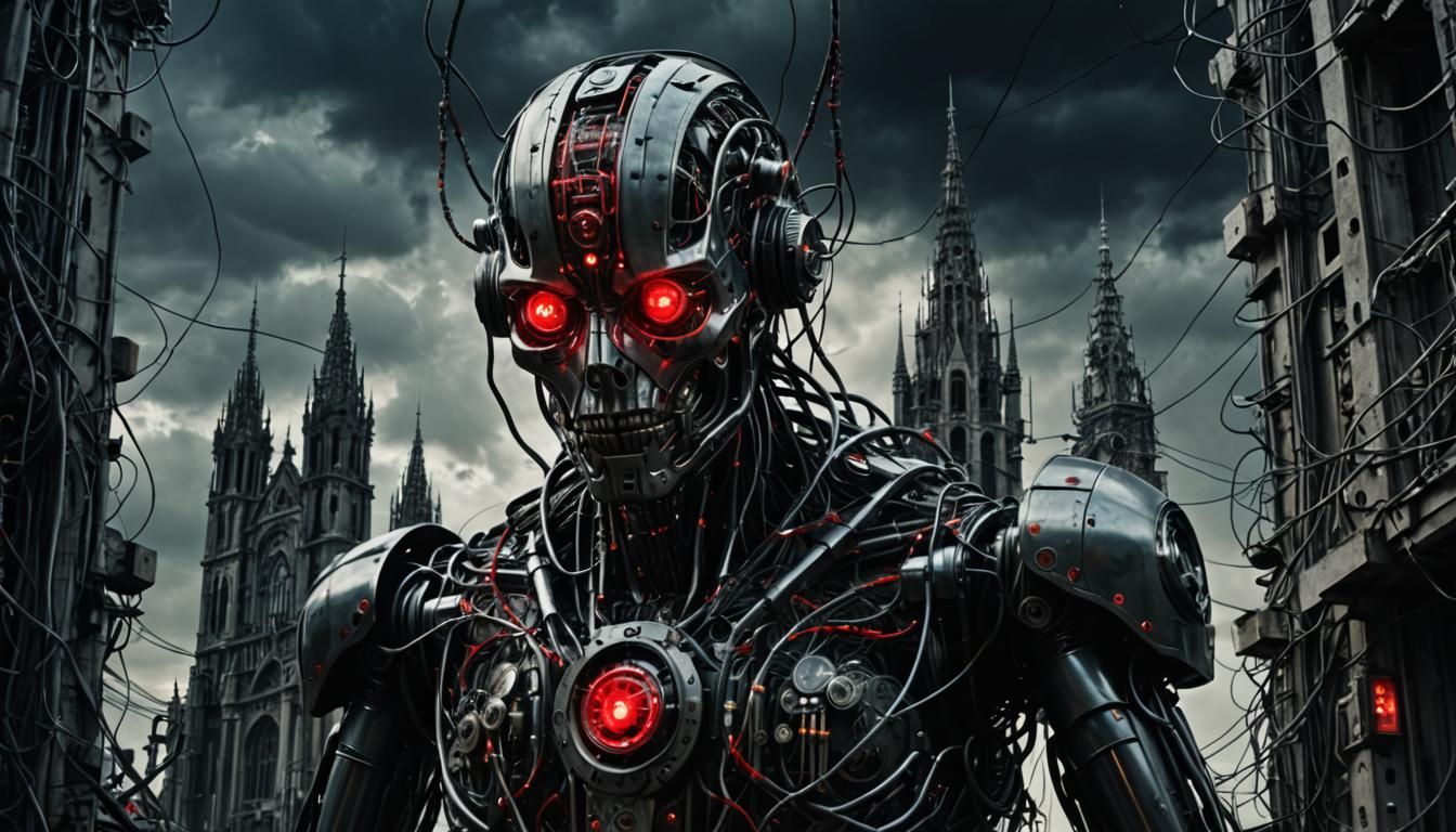 Robot Gazing at Cathedral in Surrealist Style