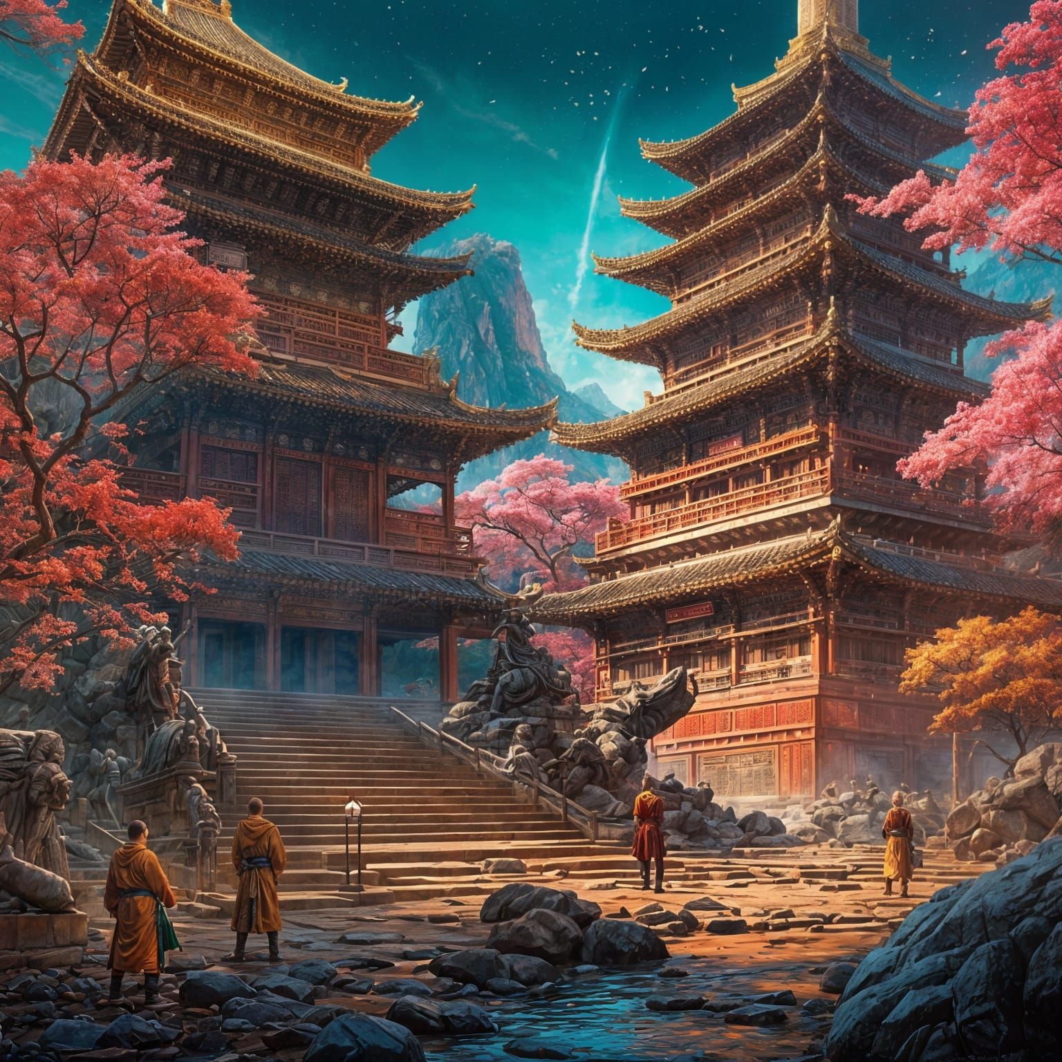 Futuristic Cyberpunk Shaolin Temple: Breathtaking Anime Land...