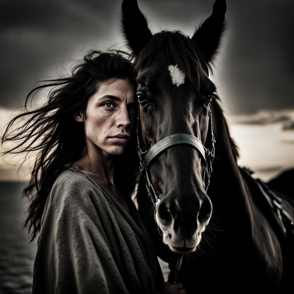 Brave Warrior Woman on Black Stallion at Sunset