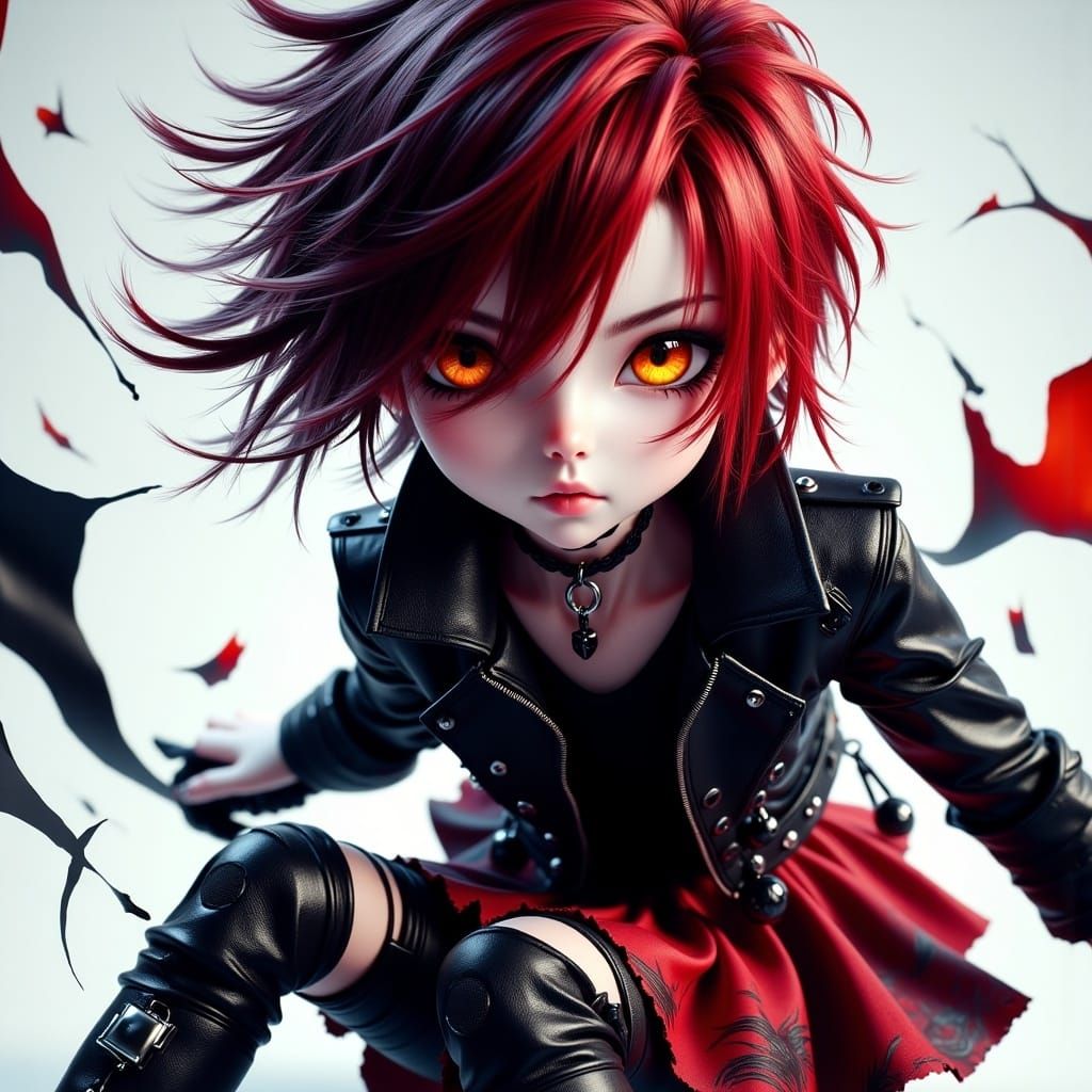 Edgy Emo Girl with Red and Black Hair, Yellow Eyes, and Bold...