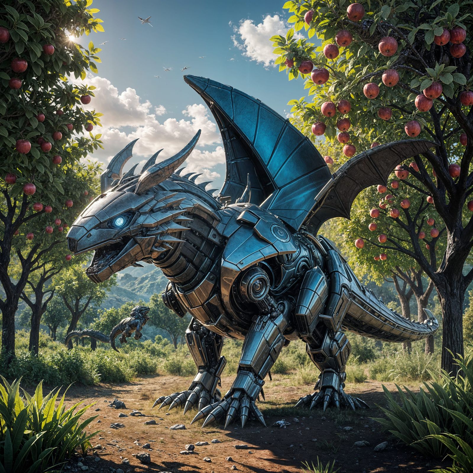Robotic Dragon-Whale Soars Through a Futuristic Apple Orchar...