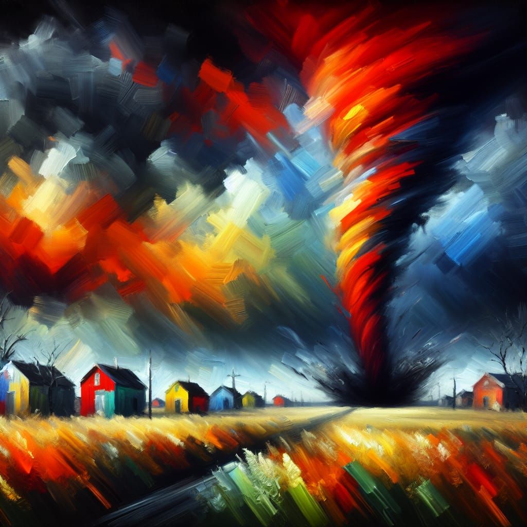Tornado Approaching Town as Abstract Oil Painting