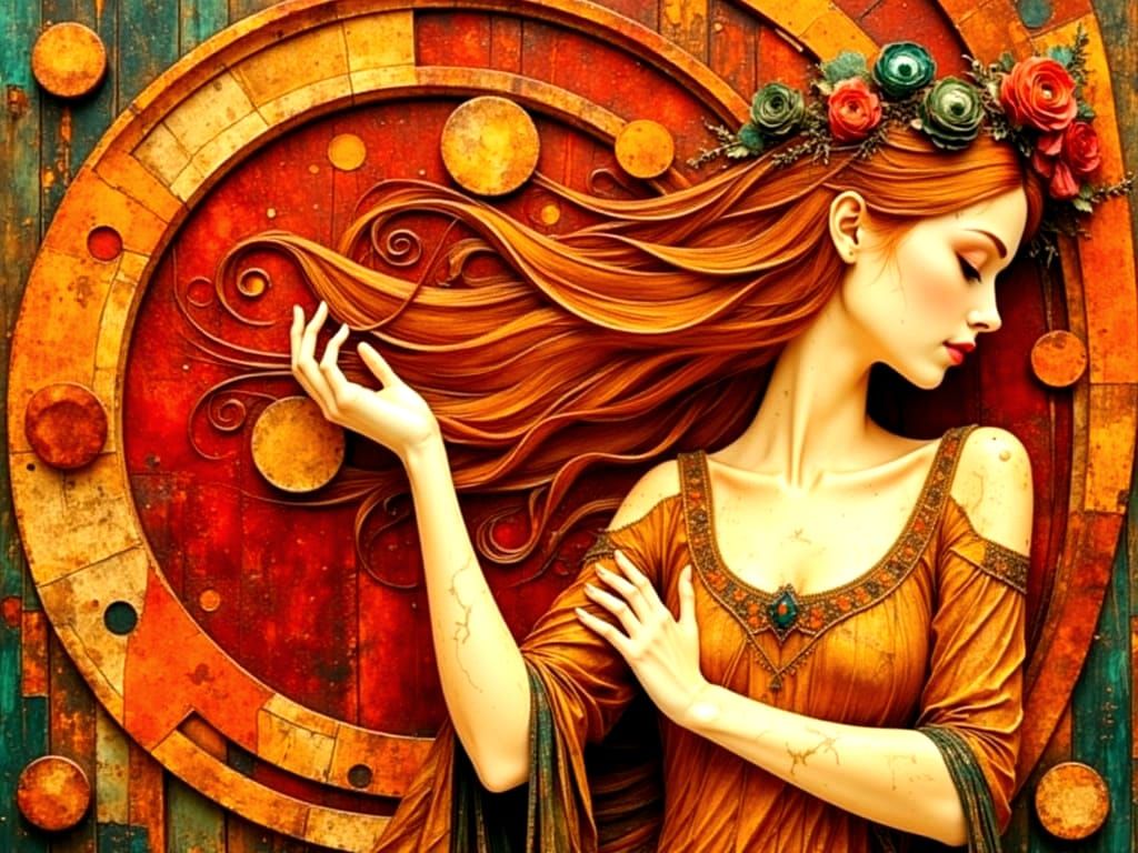 Female Wooden Statue with Intricate Decorations