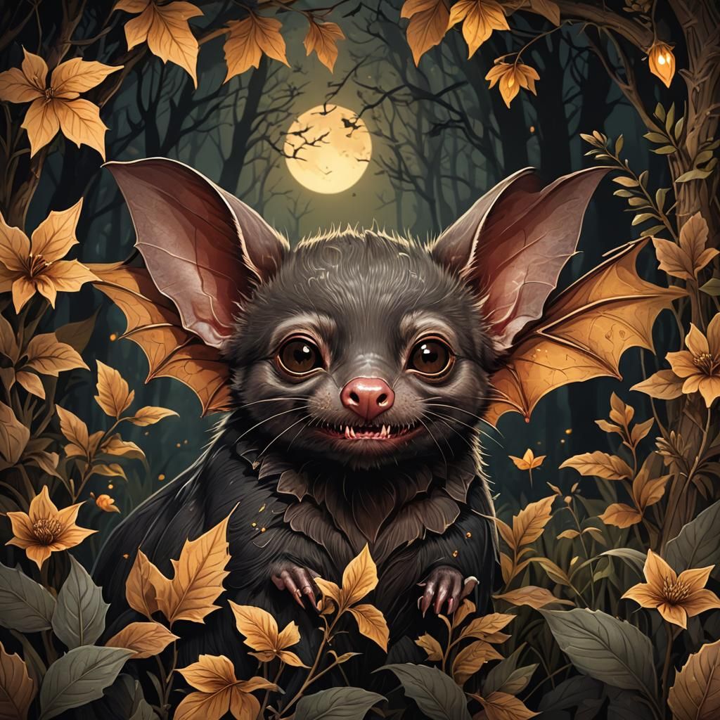 Whimsical Vampire Bat Portrait in Mystical Forest