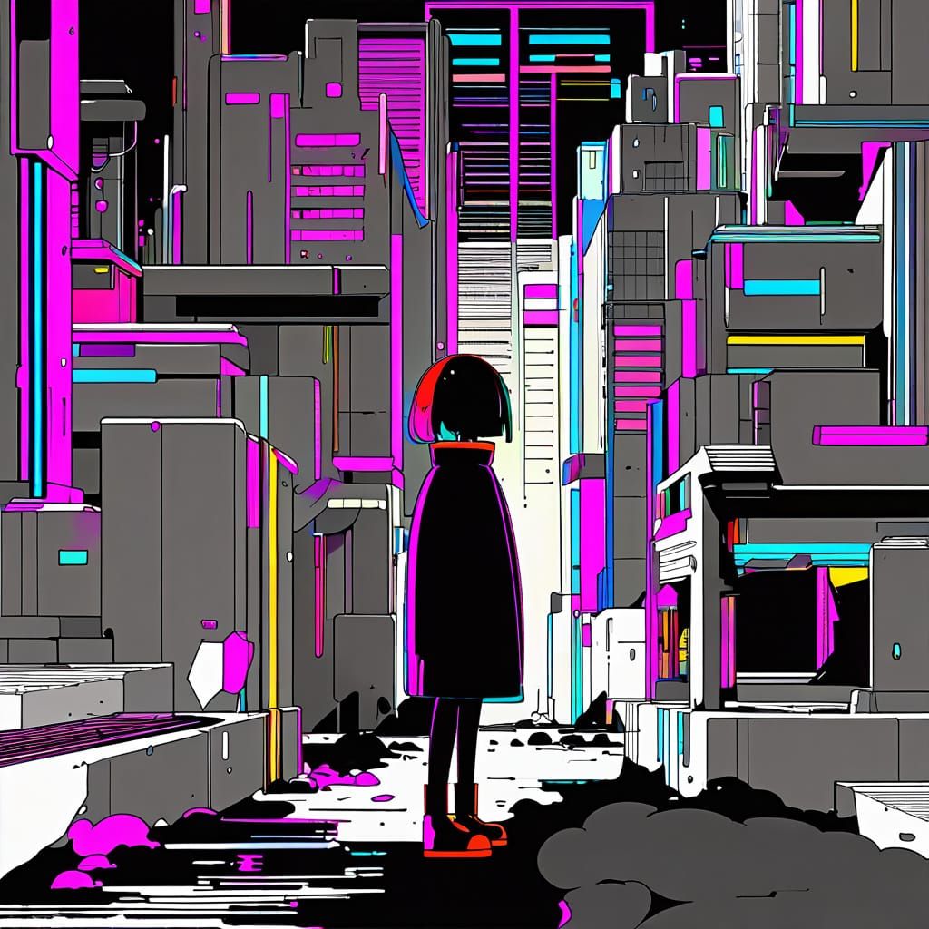 Vibrant Red-Blue Goddess in Neon-Lit Brutalist Cityscape