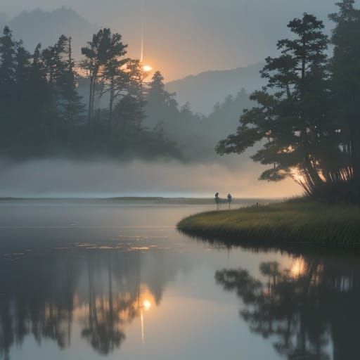 Fisherman Casting Line at Misty Dawn Lake