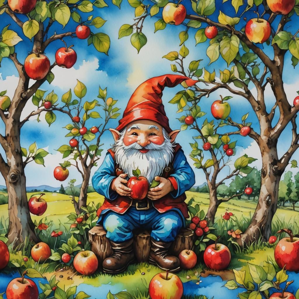 Cute Happy Gnome eating an apple colourful water colour alco...