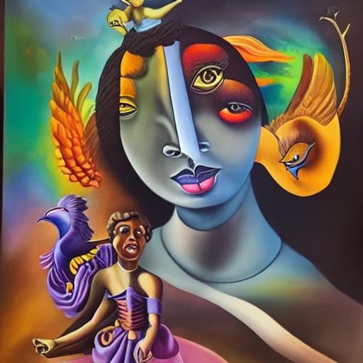 Surrealism by Salvador Dali, Johfra Bosschart, Evandro Schiavone Portrait of Black Marilyn Monroe, Renaissance style, su...