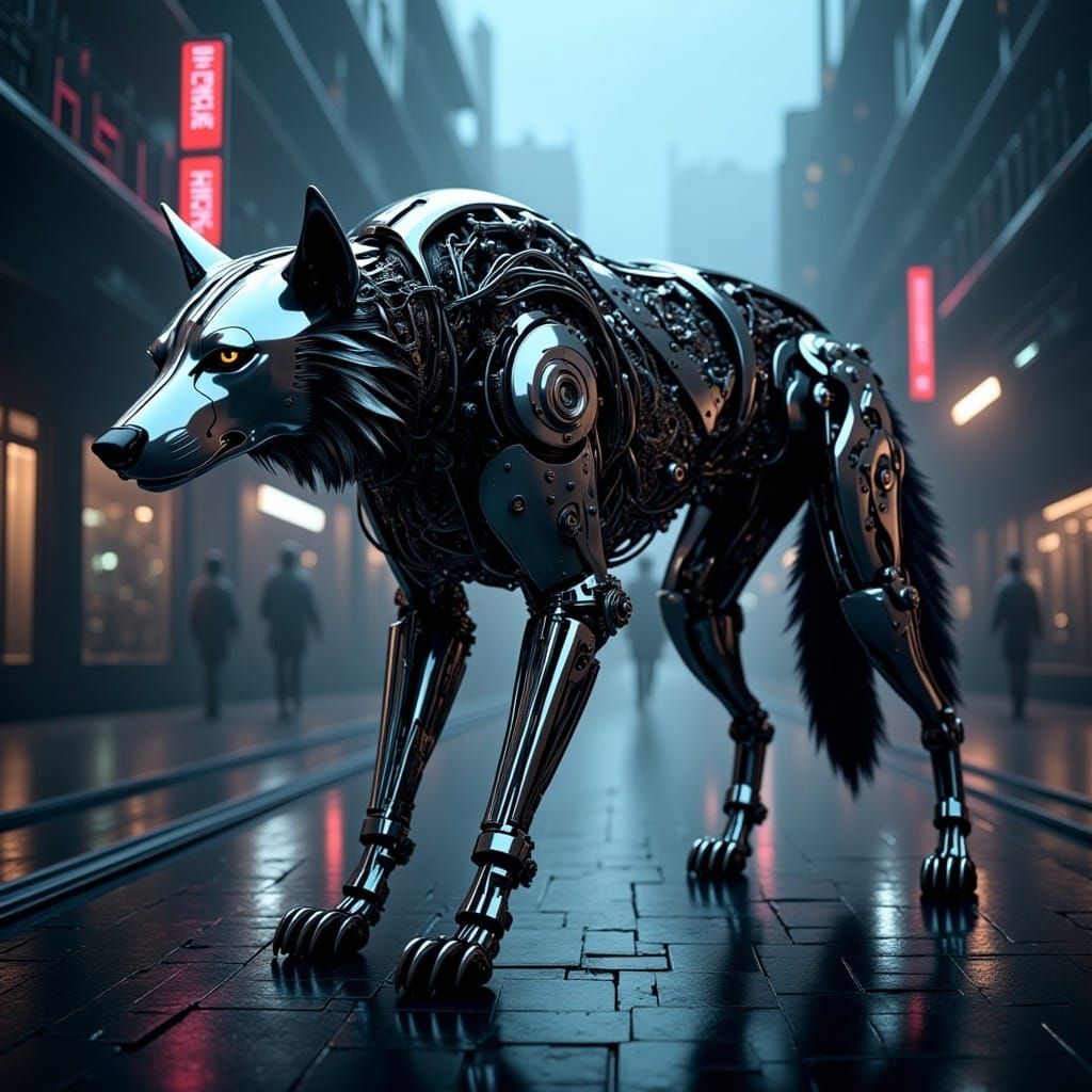 Mechanical Cyborg Wolf in Dystopian Cityscape