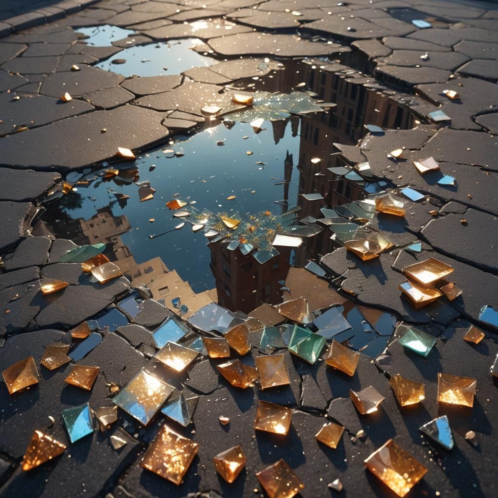 Broken Glass Shards Reflecting Cityscape in Hyperrealism