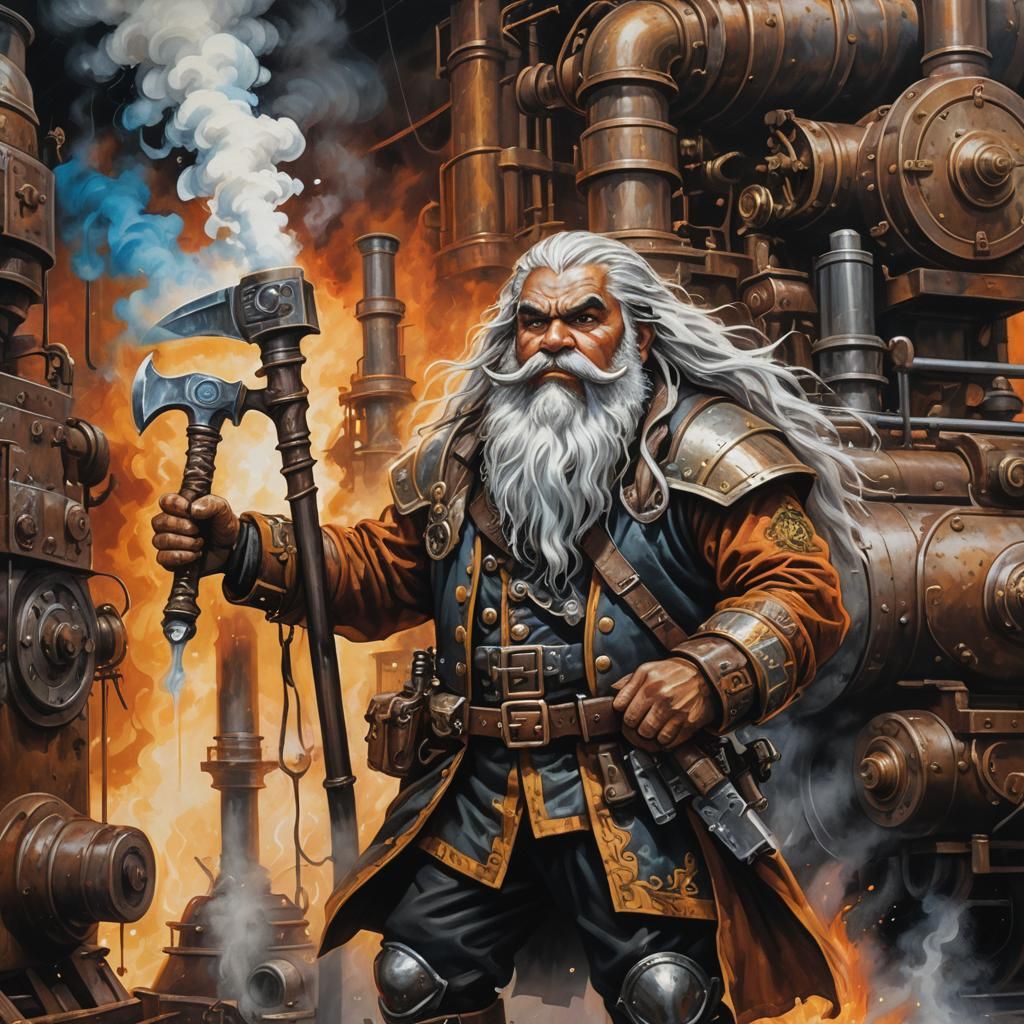 Steampunk Dwarf Warrior with Axe in Graffiti Style