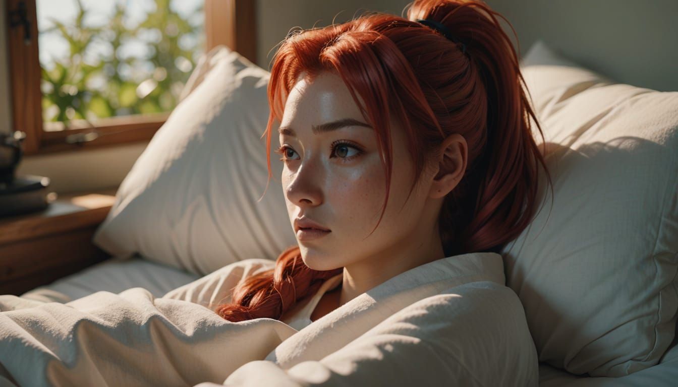 Anime-Inspired Woman Waking Up: Cinematic Film Still