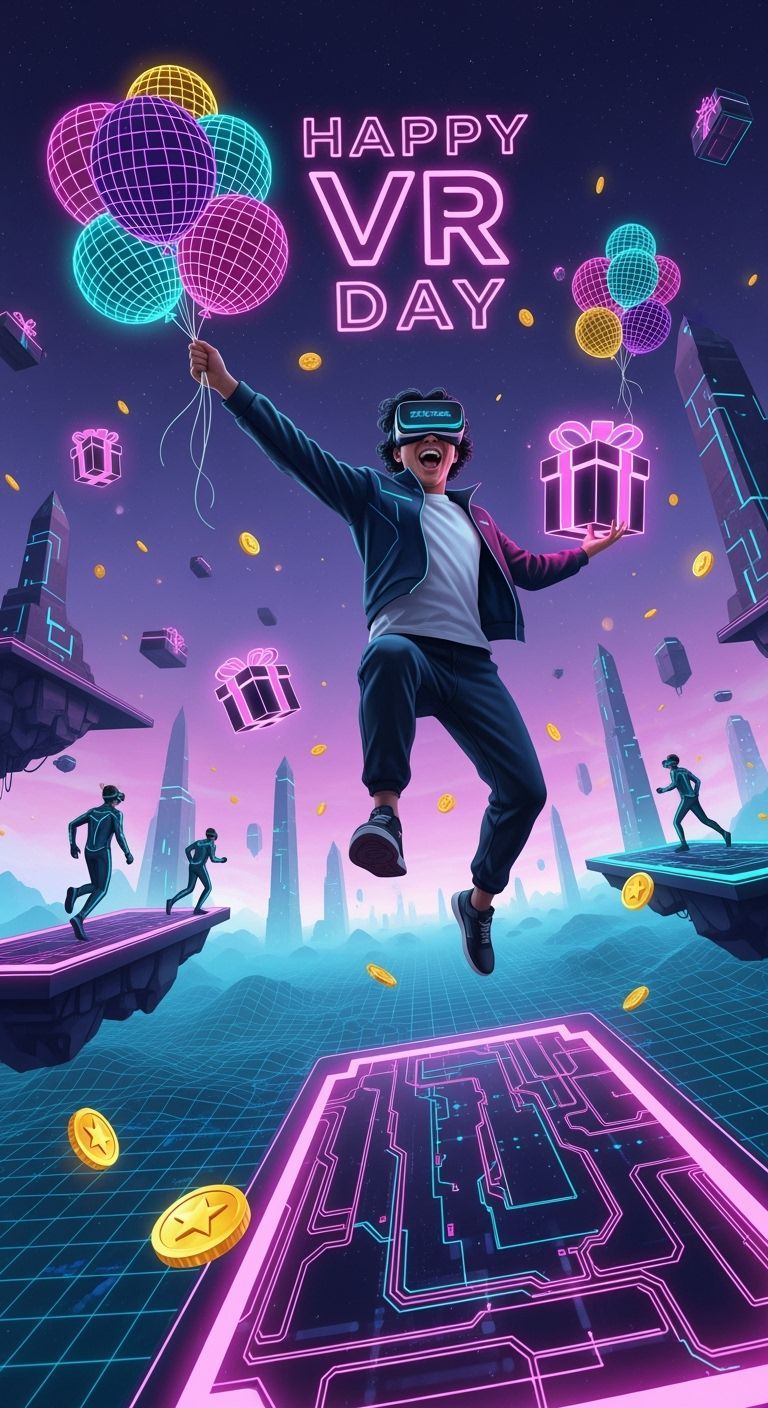 Joyful VR Jump on Floating Platform with Neon Balloons