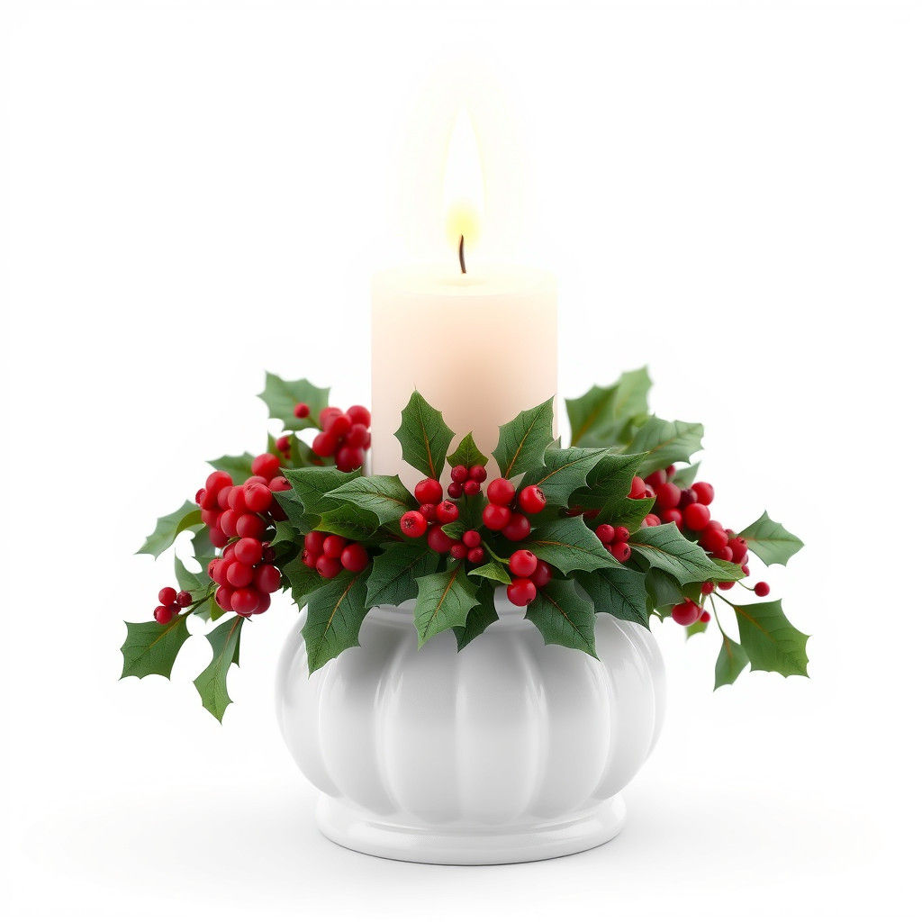 Ornate Christmas Candle Decorated with Holly, Set on White C...