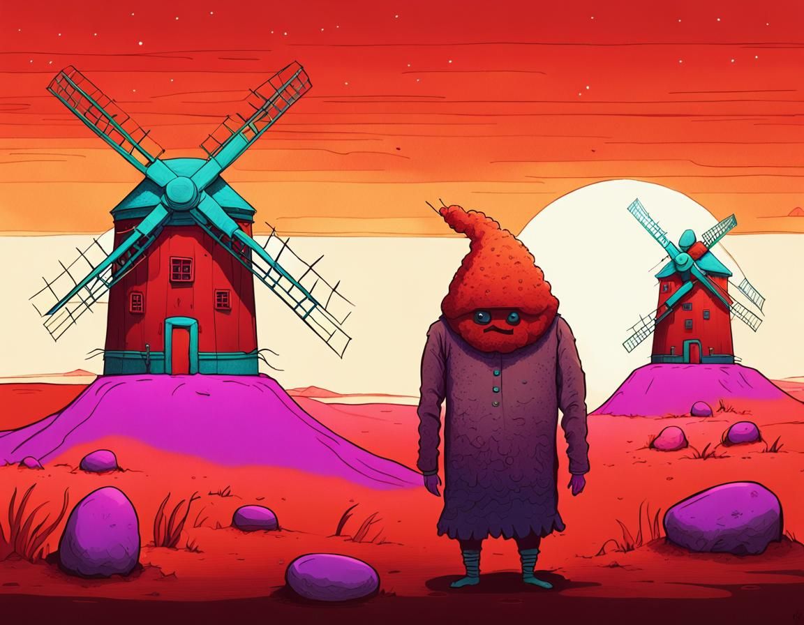 Surreal Jelly Creature Guards Cake Windmill in Doodle Art