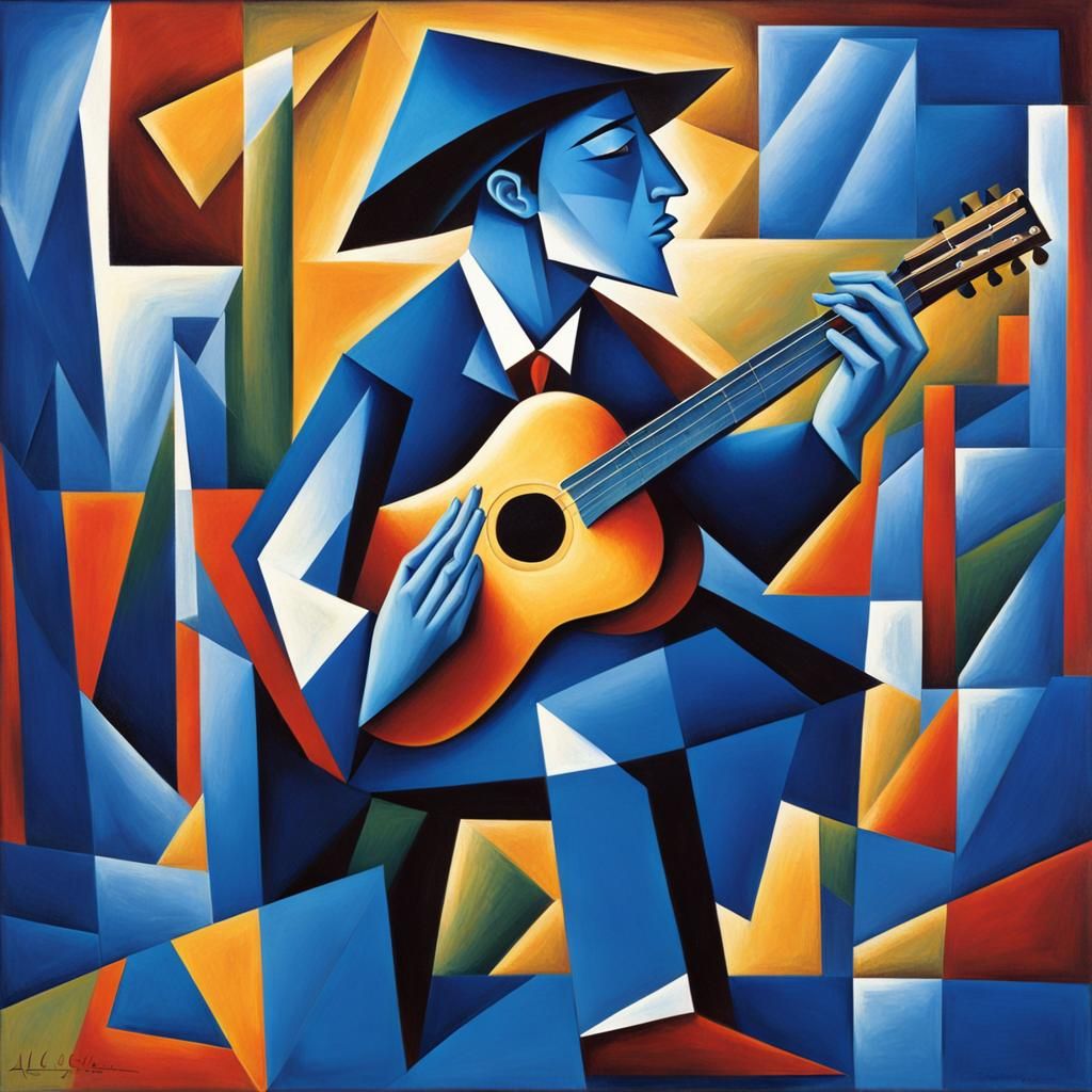 Abstract Cubist Guitarist in Blue