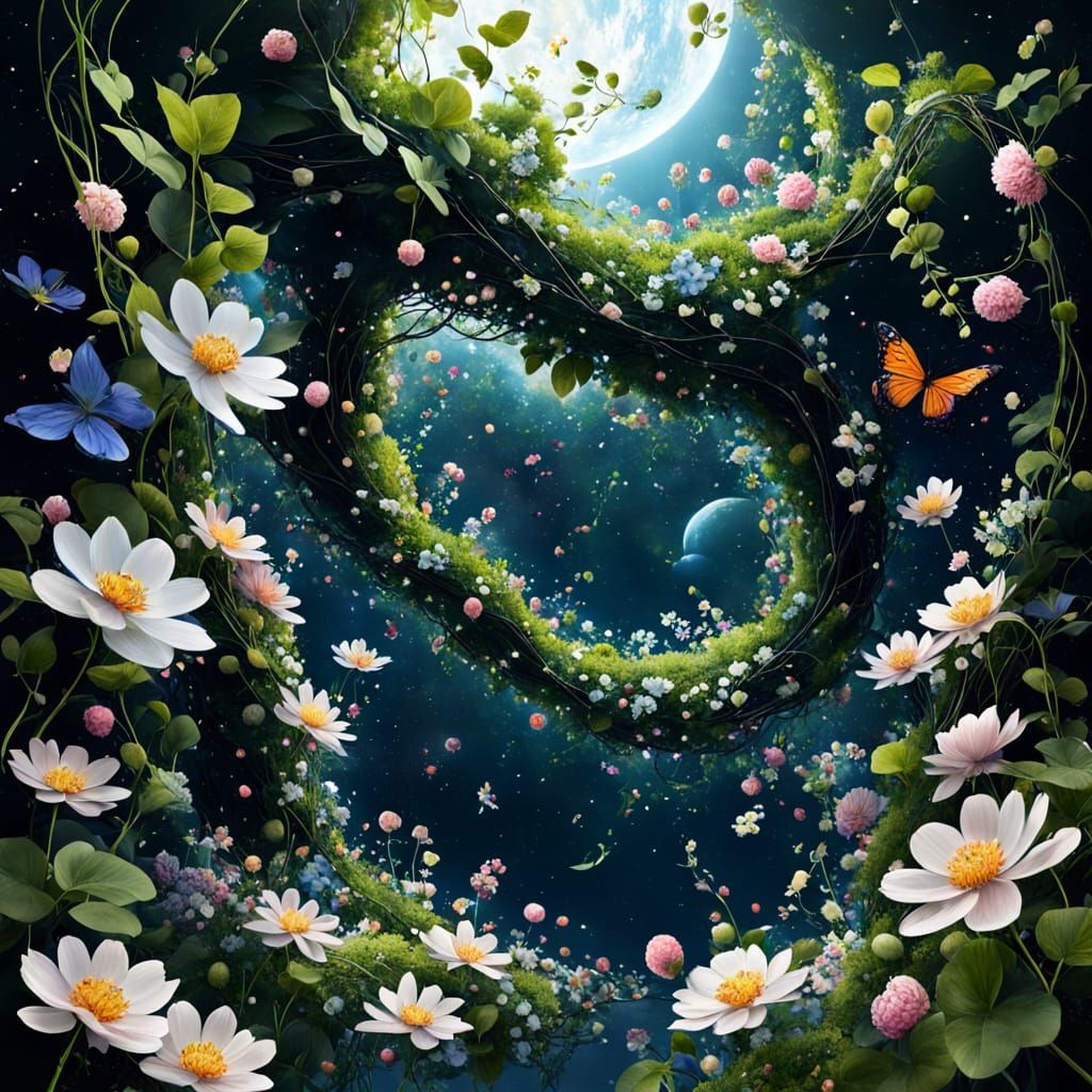 Floating Garden in Space with Spilling Blossoms