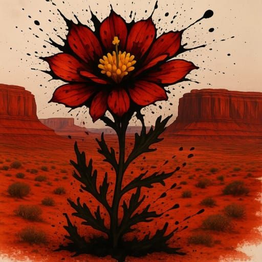 Desert Flower Blooms in Ink-Splashed Landscape