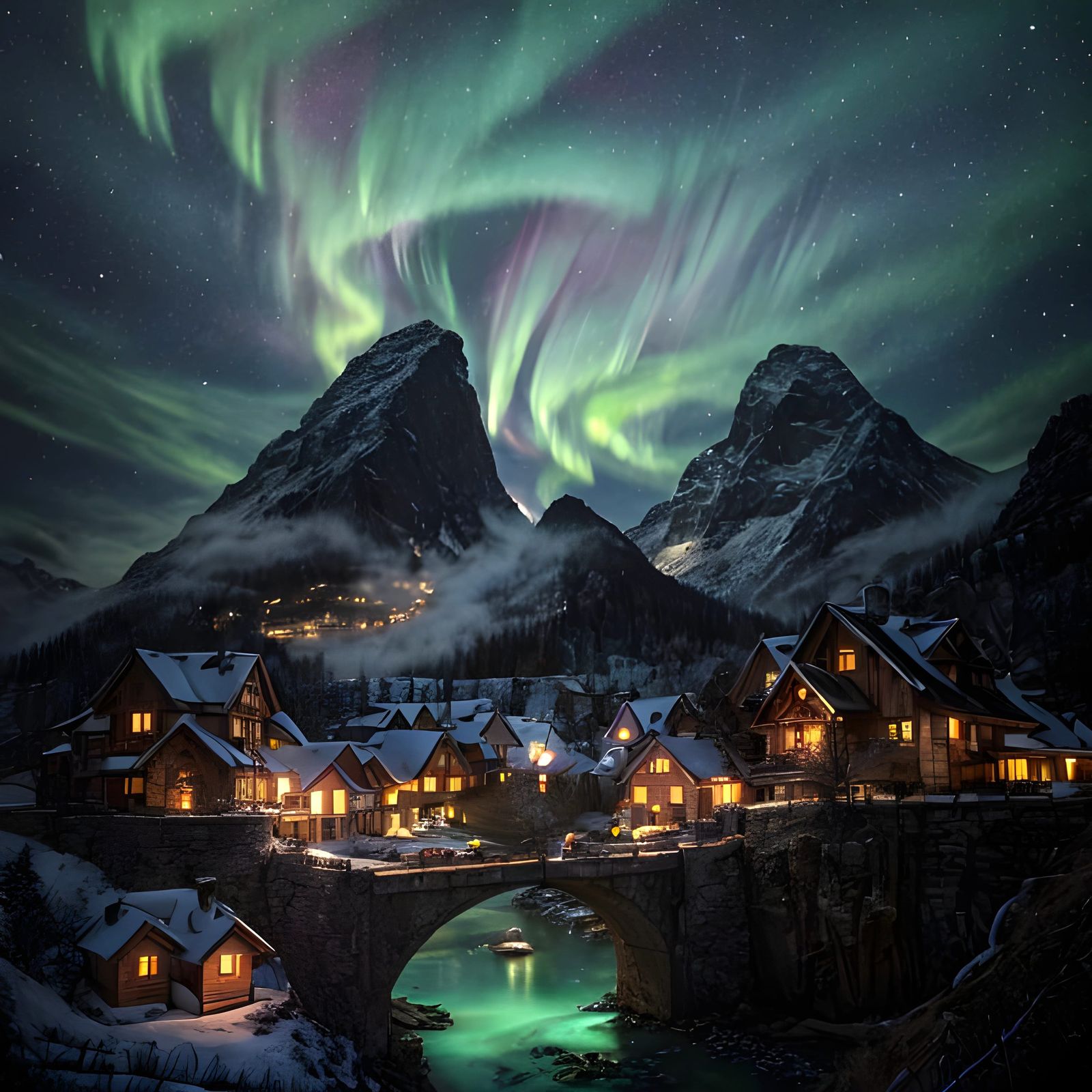 Cozy Mountain Village Under Candy-Colored Auroras