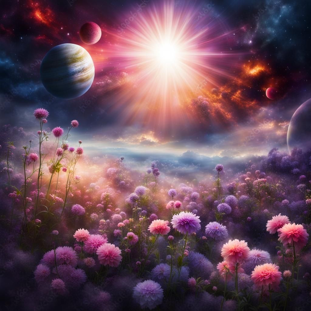 Dreamy Celestial Garden with Flowers and Nebulas