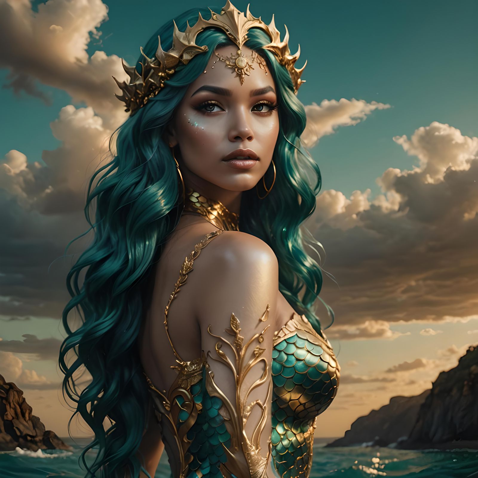 Metallic Mermaid Goddess Portrait in Hyperreal Style