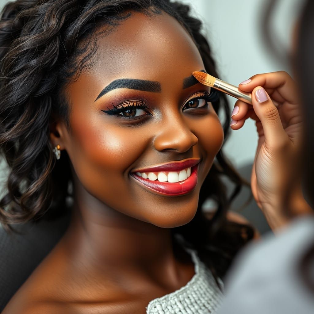Photo-Realistic Portrait of a Dark-Skinned Woman Getting Mak...