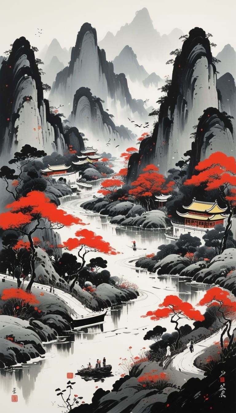 Dreamlike Mountainscape in Bold Black and Red Ink