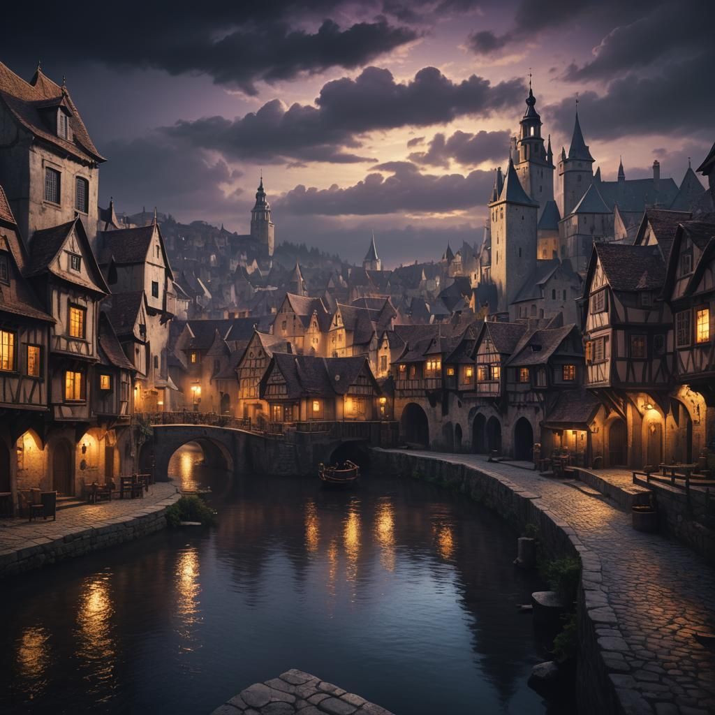 Baroque Medieval Town at Night Digital Painting