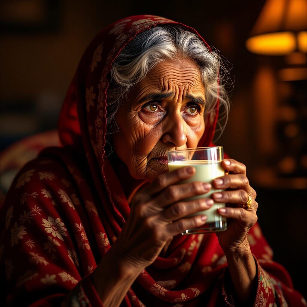 Elderly Woman Drinks Milk in Dramatic Lamplight