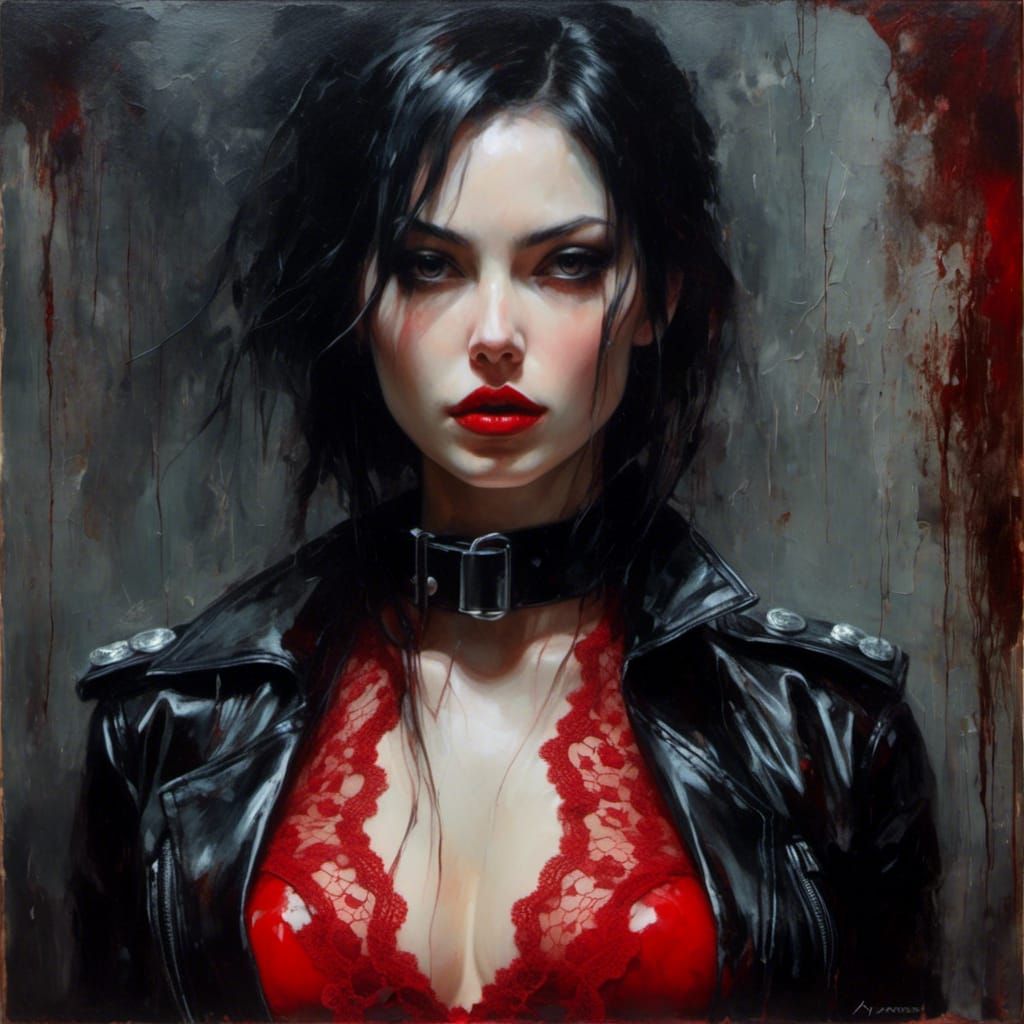 Gothic Noir: French Policewoman in Latex, Oil Painting