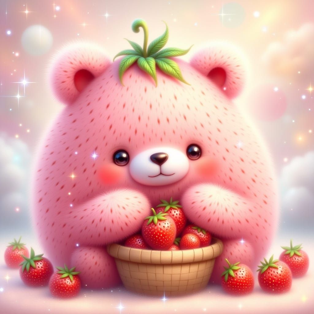 Adorable Strawberry Bear Holding Sweet Berries in Dreamy Pas...