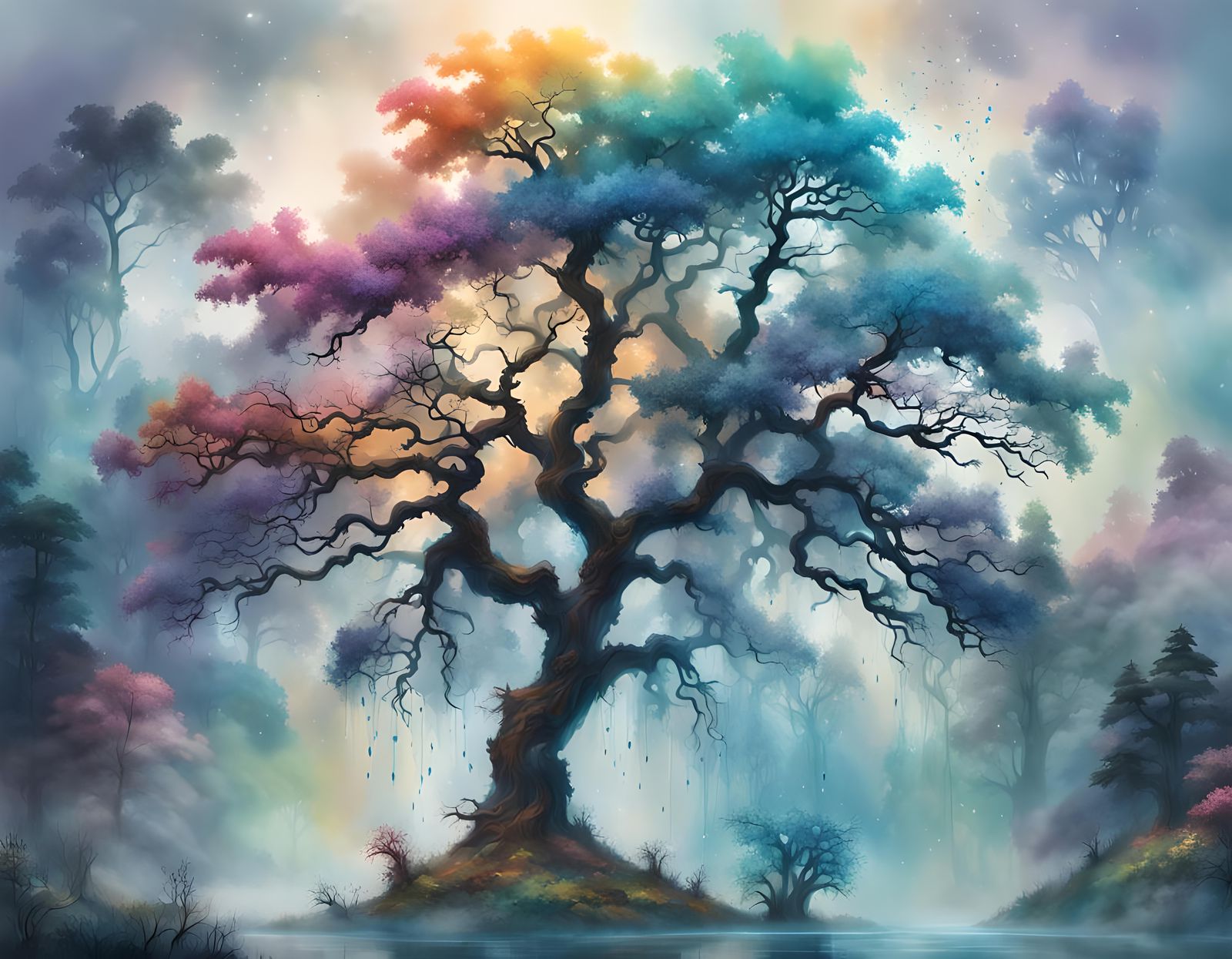 Water Tree Silhouette with Colorful Ink Splatters