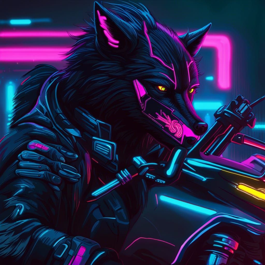 Cyberpunk Wolf on Motorbike in Neon Cityscape