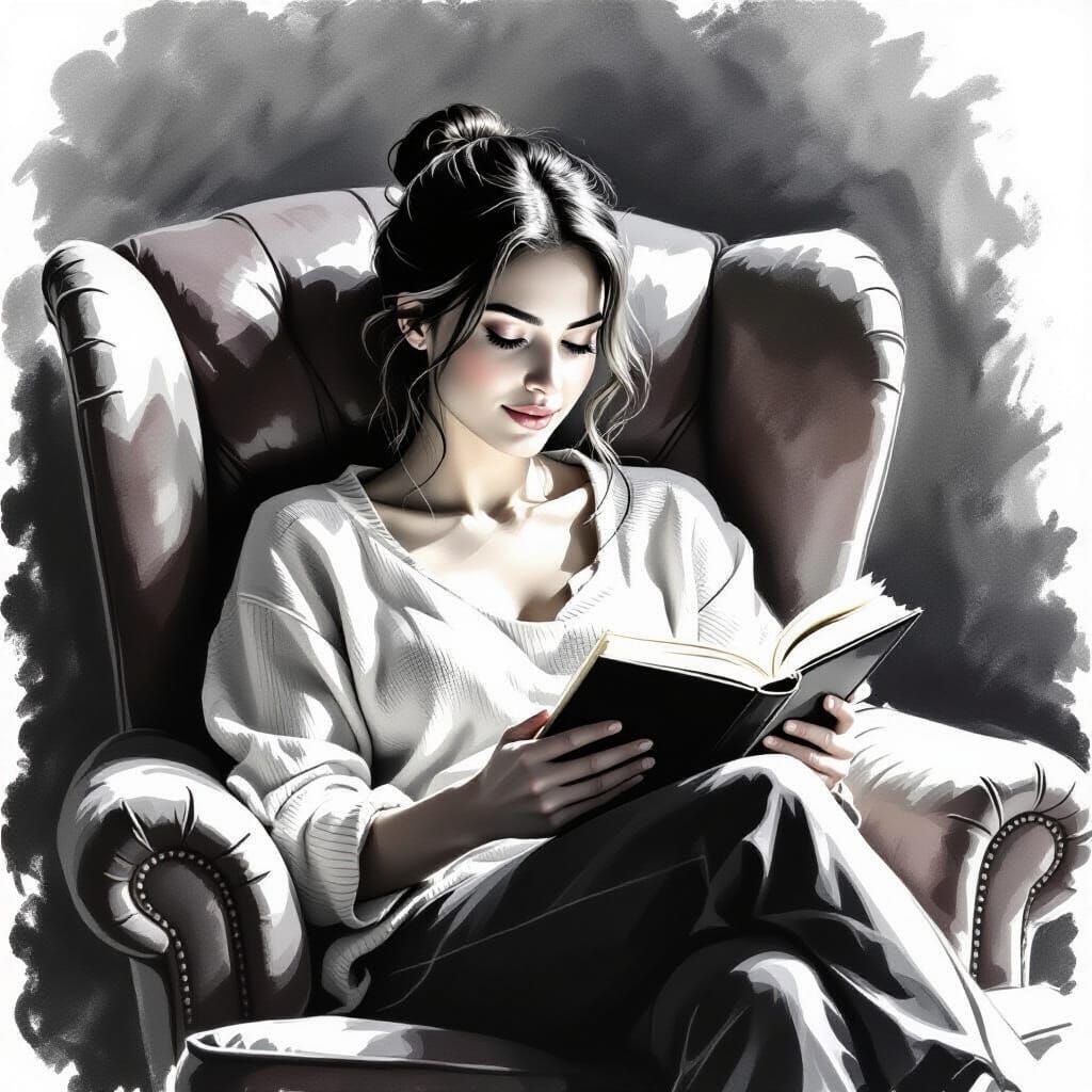Charcoal Drawing of Woman Reading Peacefully in Armchair