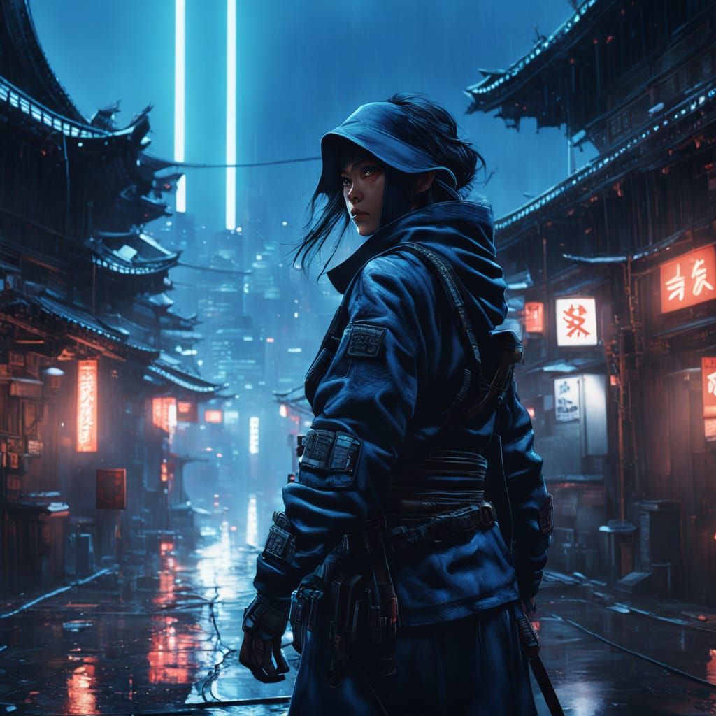 Female Ninja Stalks Rooftop in Dynamic Feudal Japan Scene