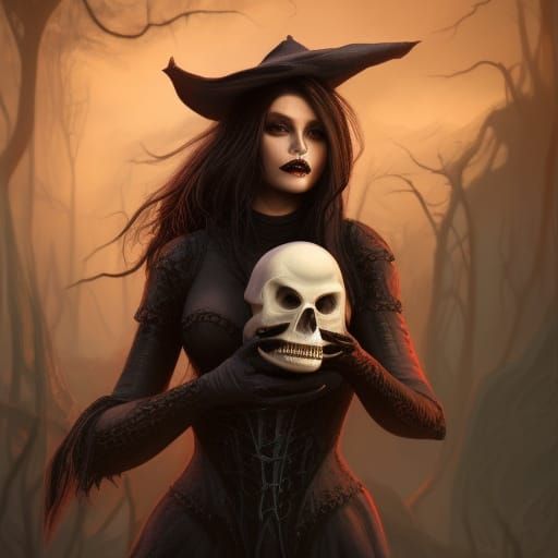 Witch Woman Holding Skull: Detailed Matte Painting