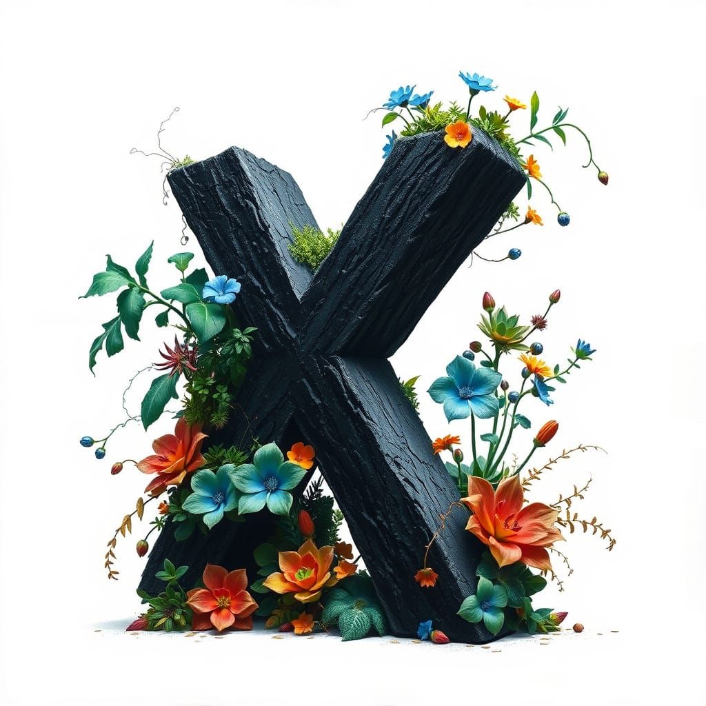 Surreal Fantasy Letter X in Lush Botanical Landscape