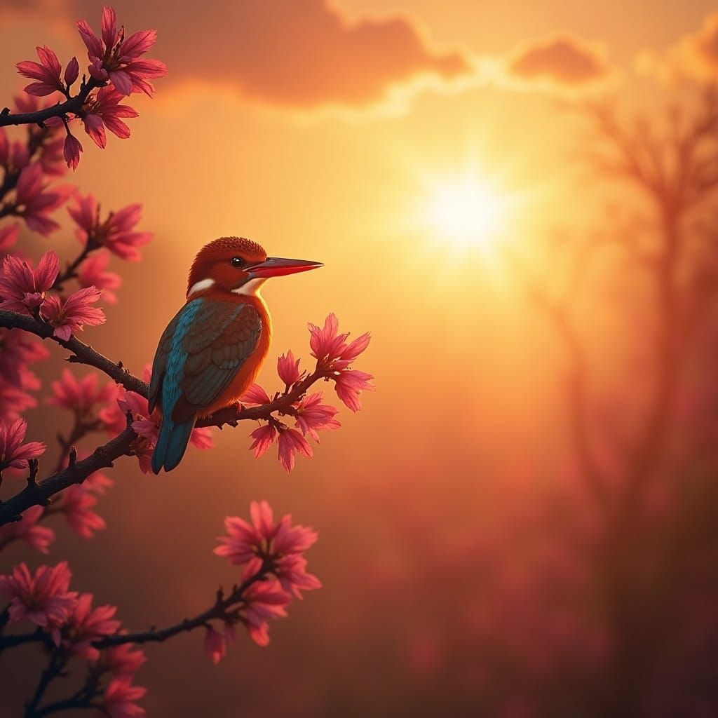 Kingfisher on Pink Flower Tree at Sunset, Photorealistic