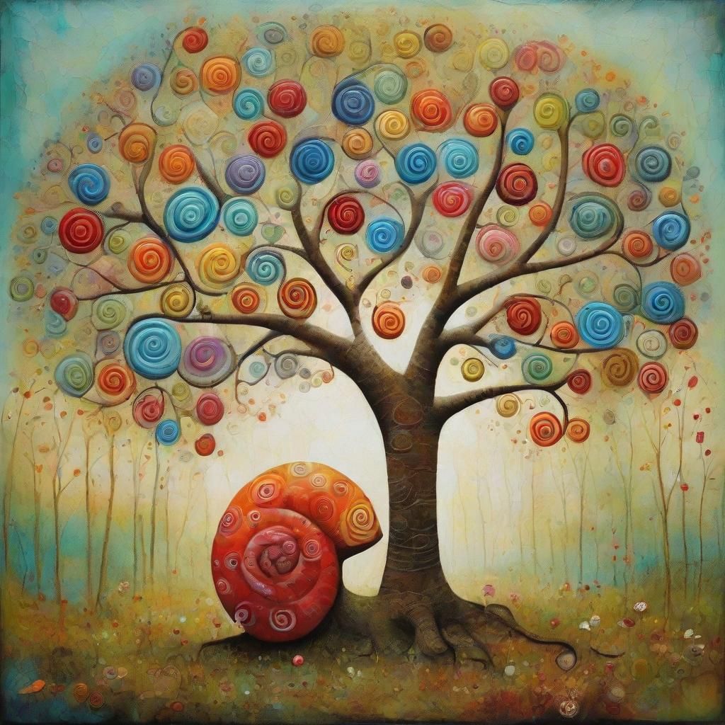 Surreal Snail Tree in Forest, Whimsical Illustration