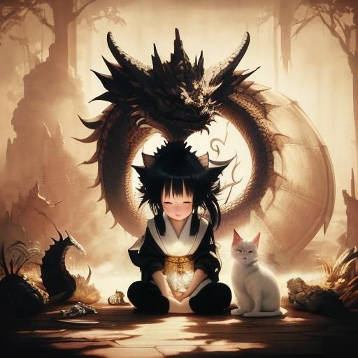 Girl and Dragon in Chiaroscuro Painting