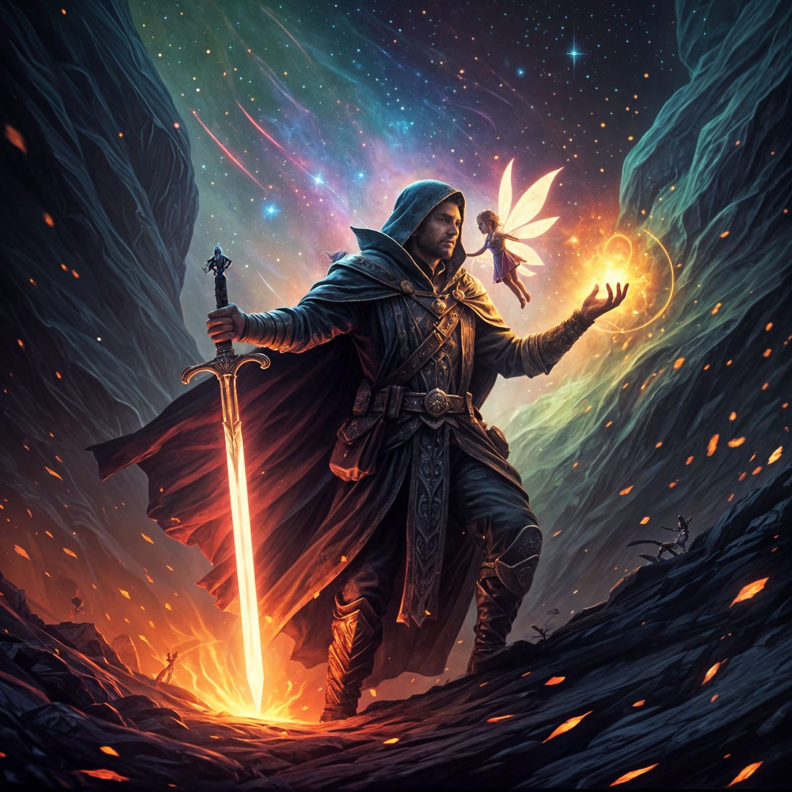 Wizard with Sword and Fairy in Astral Landscape