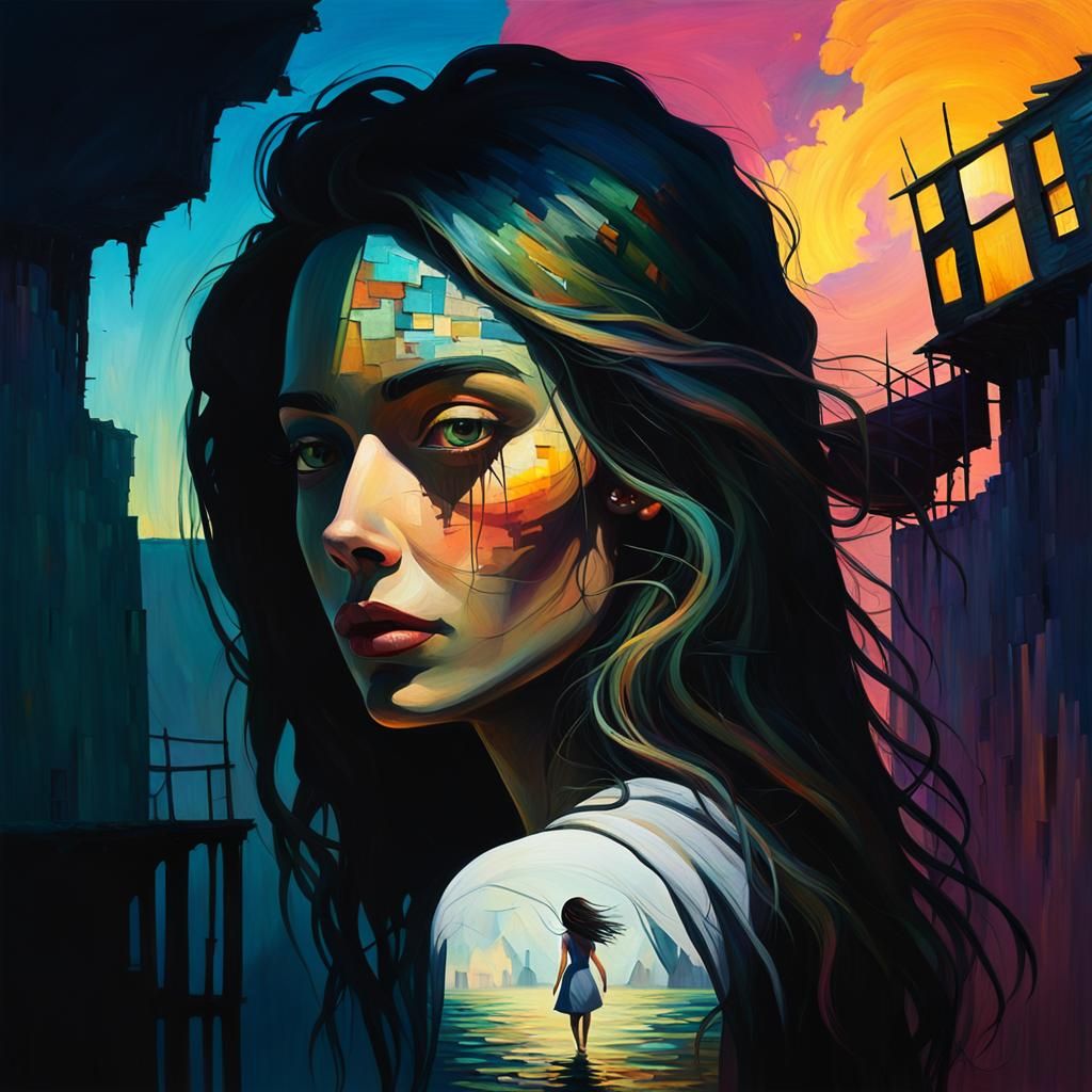 Girl Walking Towards Vibrant Horizon in a Surrealist Masterp...