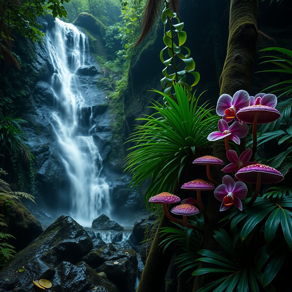 New Zealand Rainforest Waterfall with Mystical Orchids