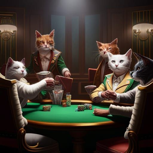 Cats Playing Poker in Detailed Matte Painting