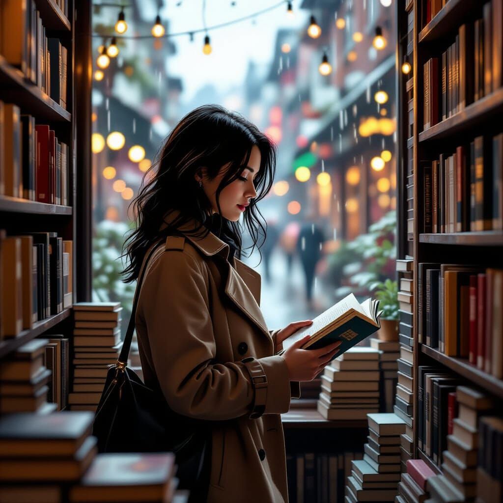 Cozy Bookstore Scene with Woman in Trench Coat