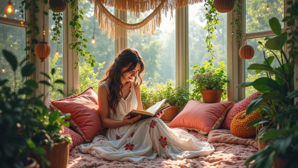 Boho Greenhouse Reading Nook in Watercolor Style