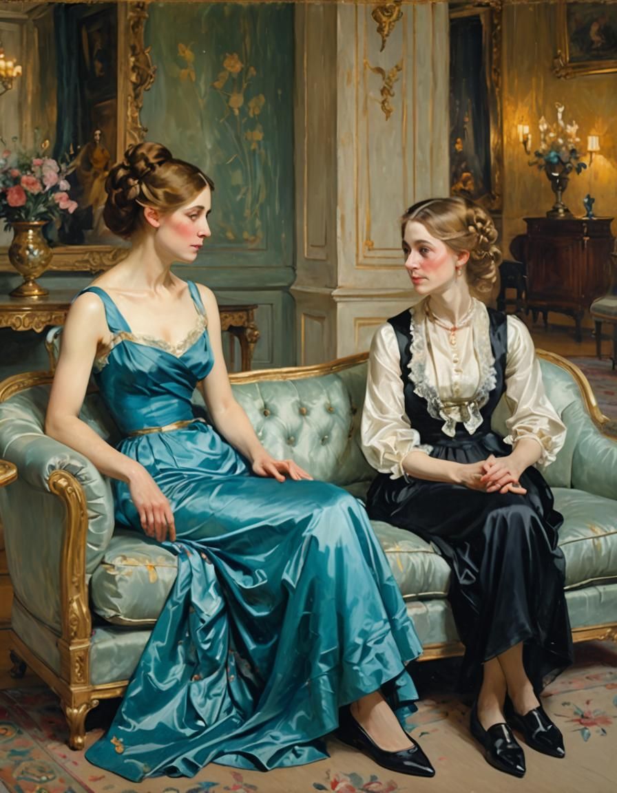 Symbolist Oil Painting of Women in Luxurious Room