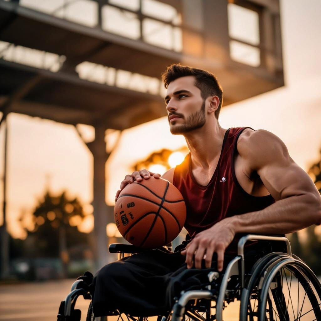 Muscular Man in Wheelchair Aims Basketball at Sunset