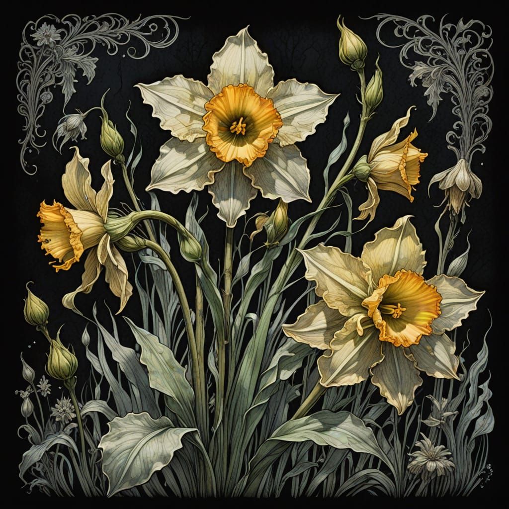 Mythical Glowing Daffodil Botanical Illustration